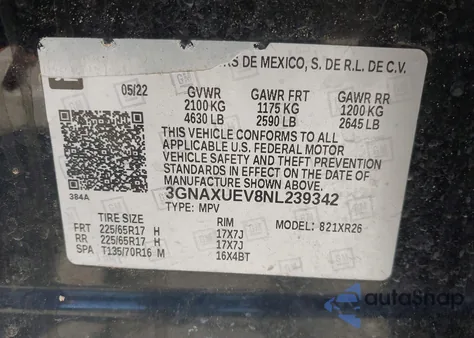 2022 Chevrolet Equinox Awd Lt z USA, uszkodzony, nr VIN 3GNAXUEV8NL239342